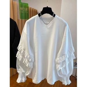 SOLID FRILL LACE TRIMMED ROUND NECK PULLOVER SHIRT 2colors M-16222