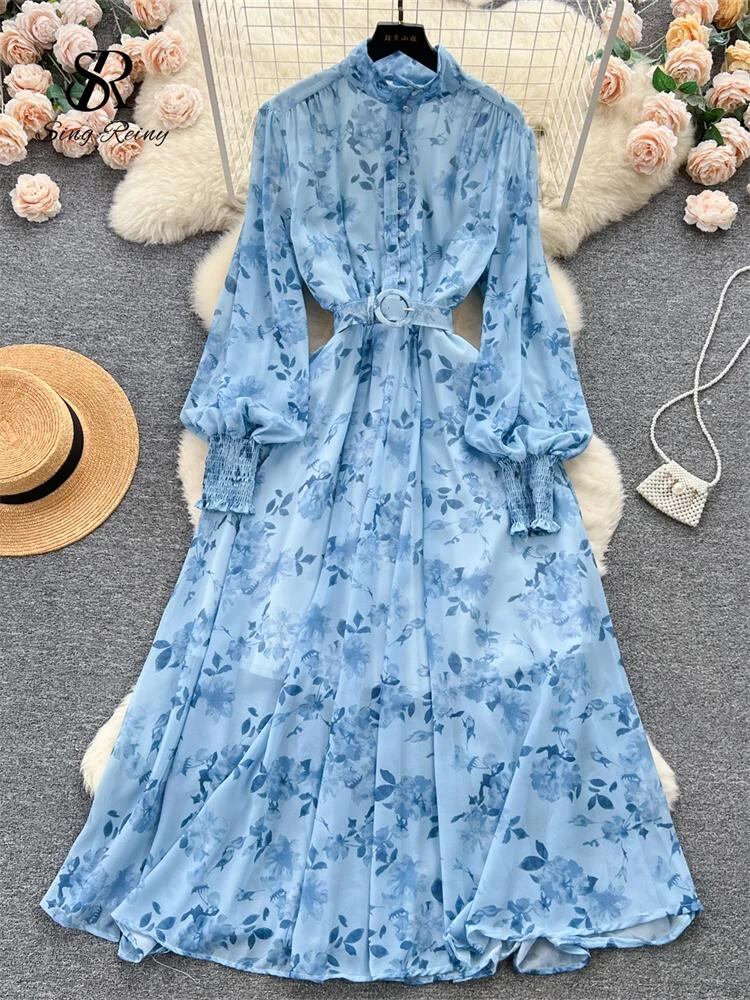 Sing補強-女性用ベルト付きシックなシフォンドレス、シングルブレスト、ハーフハイカラー、ロングランタンスリーブ、エレガントなプリント、ラインドレス、フランス_344