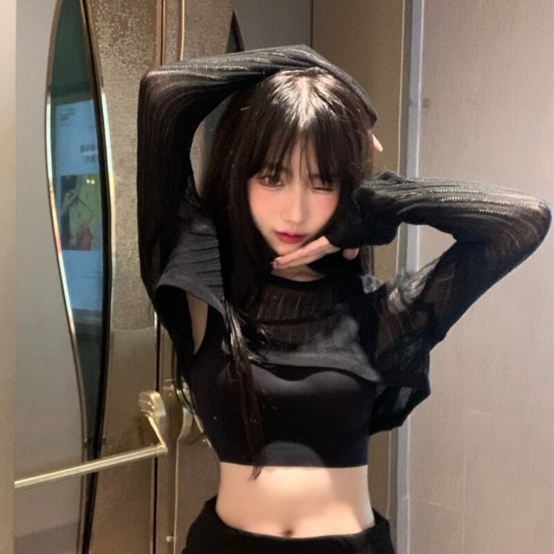 ショートブラックニットセーター サマージャケット ブラウス ロング 夏物 YY-ファッション66502589673