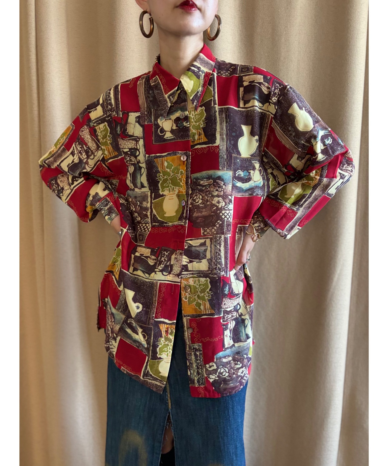 vase pattern deep red sheer shirt-4346-9
