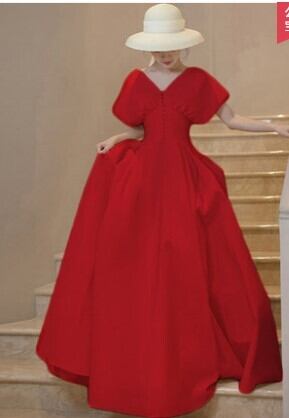 フランス風 パーティードレス 三色ありご指定自由 トレーン 短袖 V  