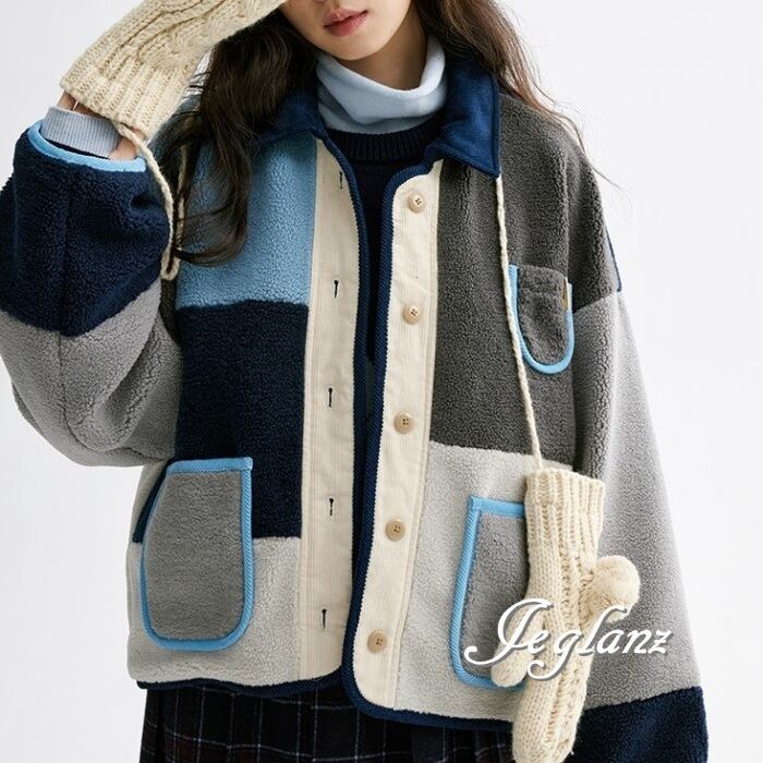 2色 ボア ニット ジャケット 襟付き カラーブロック レトロ感 ♪(MA719)τ