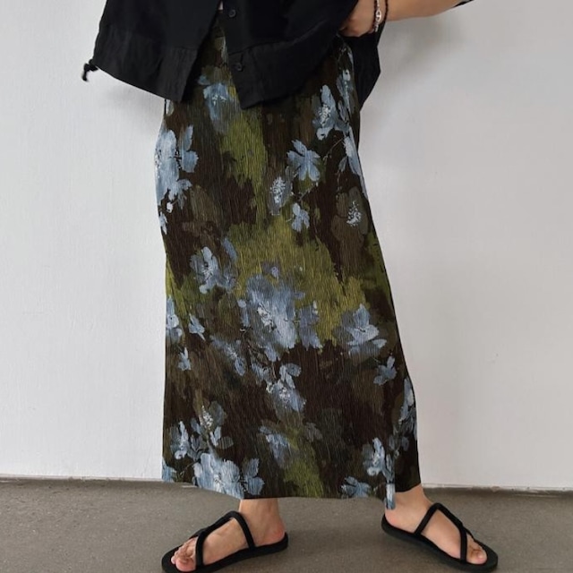 Blur flower long pleated skirt　V2869