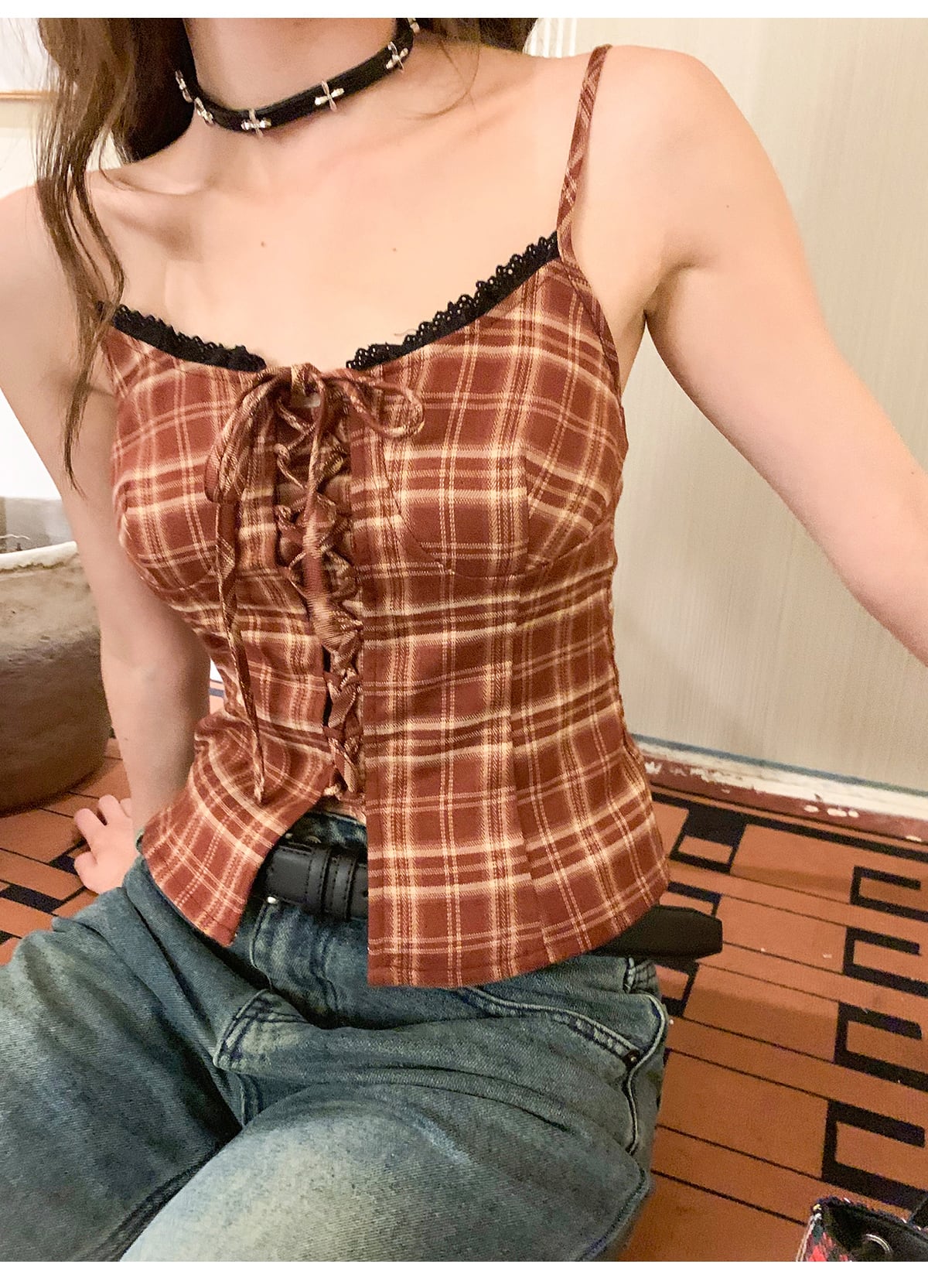 トップス キャミソール チェック柄 レース 袖あり レトロ バレエコア
