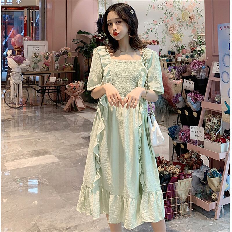 【新作】【送料無料】 マタニティフレッシュスレンダースクエアカラーフリル夏のゆるい妊娠中の女性Aラインドレス ラッフル サマー 夏物 スクウェア AL expec350394737985