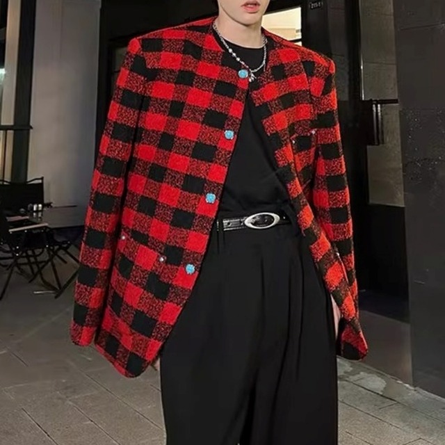 ターコイズボタン レトロチェックノーカラージャケット D12141