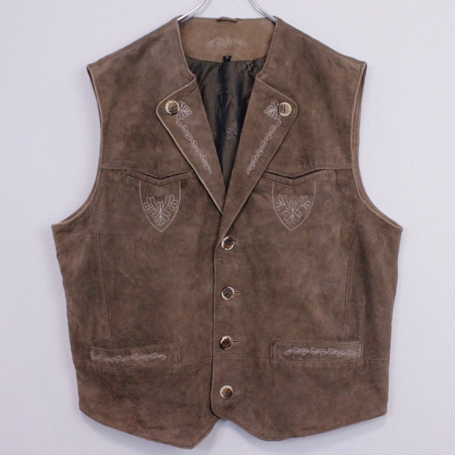 【Caka act2】Embroidery Design Brown Suede Leather Tyrolean Vest