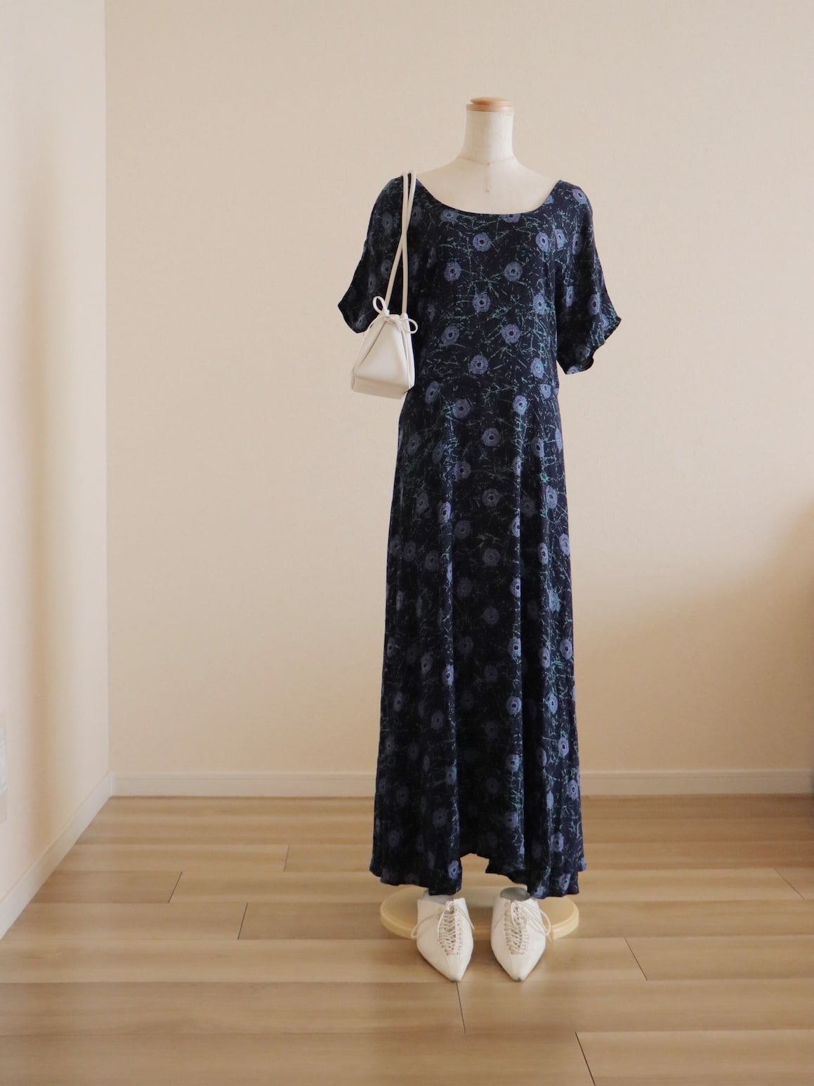 ●90s made in USA dot geometric pattern design rayon long dress