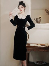 【0266】Velvet Retro Straight Long Sleeve Dress