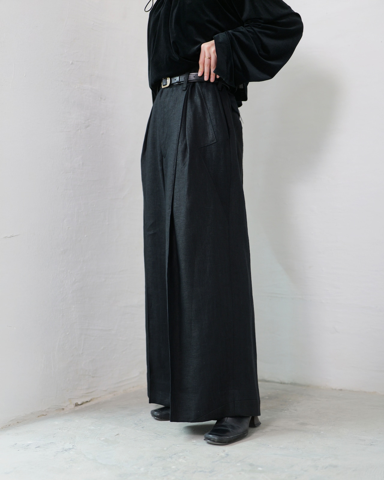 i’m here - Linen Wide Pants :Black|3種リネン切替/ワイド/“だまし絵”前立て