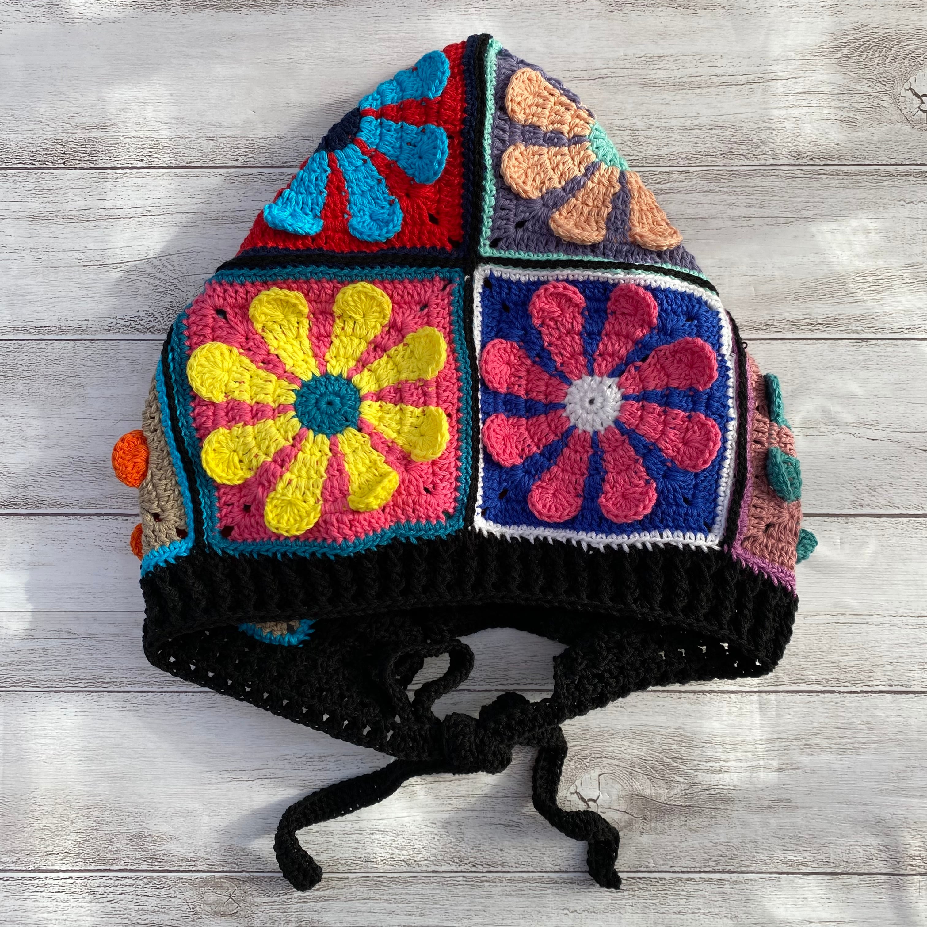 ハンドメイド　handmade　グラニー　フード　ブラック NO.3122057】クロシェ編み ニットフード ブラックベース | polepole31