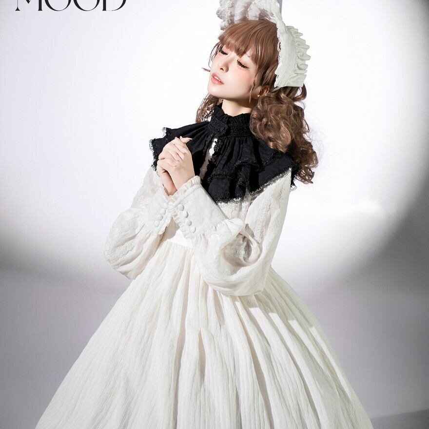オリジナルlolitaクラシカル刺繡入り付け襟ロリータワンピース　L280＃ 付け襟とボンネットがセットになったクラシカルロリータ向け長袖ロング