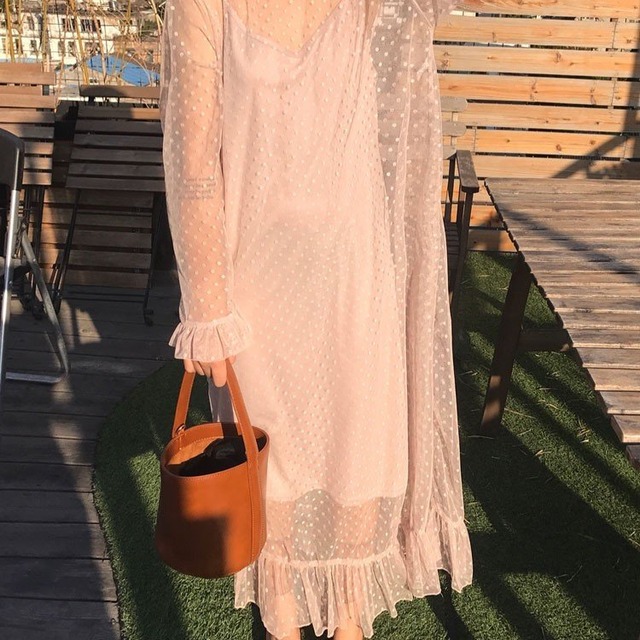 2点セット インナーキャミワンピース フリル付きシースルーワンピース2点セット ドット柄 レディース チュールワンピース 長袖ワンピース Selectshop Cocon