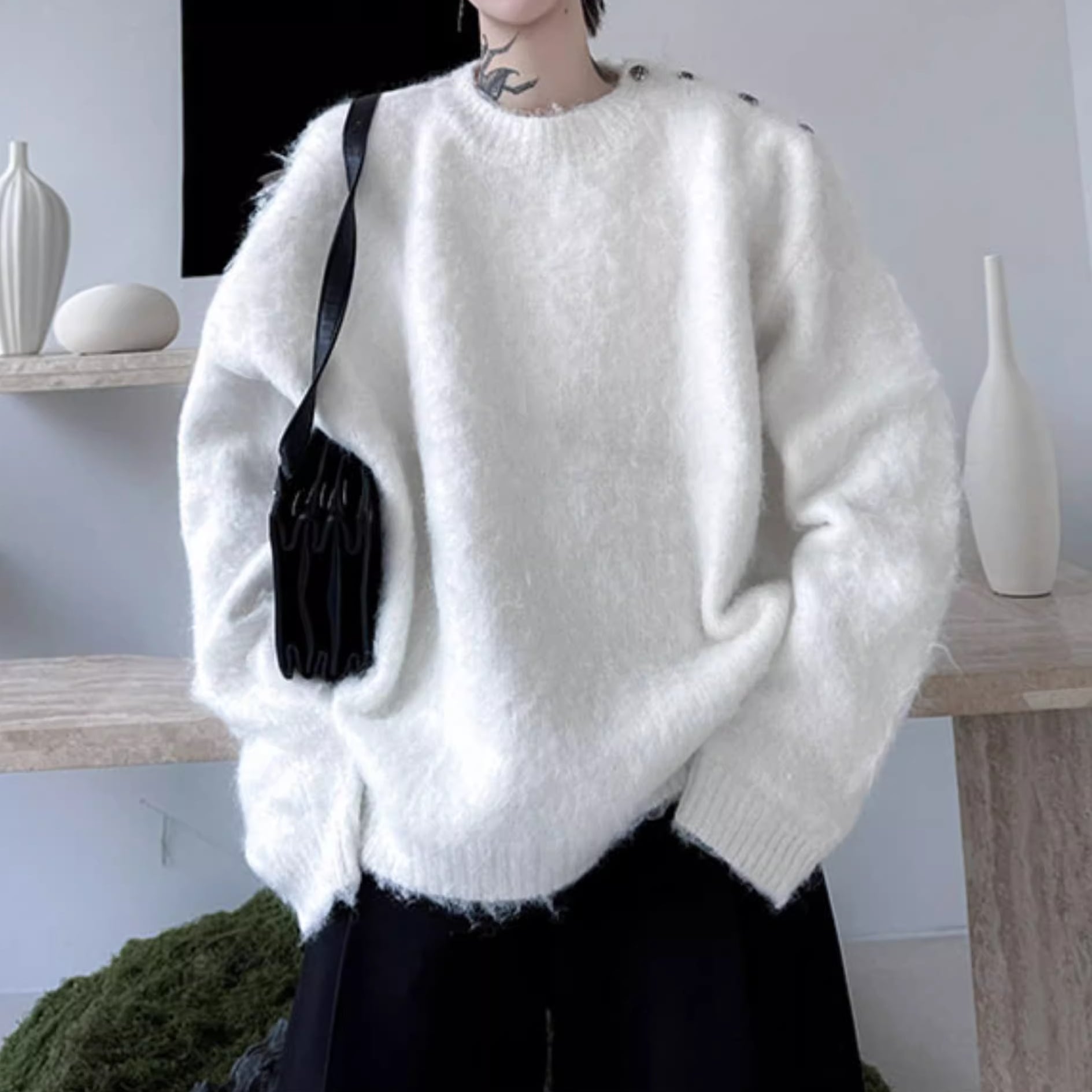 シャギーボタンショルダーオーバーニット 3color MTO0501