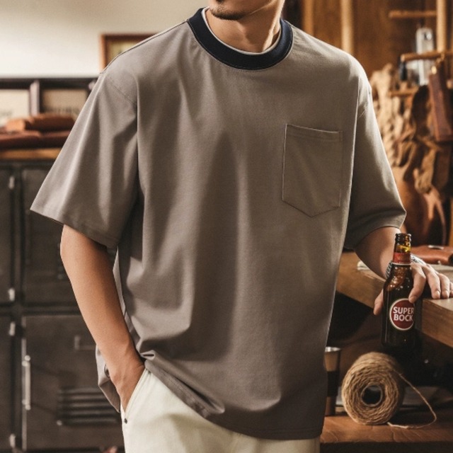 Single pocket vintage neckline t shirt ( 4color )
