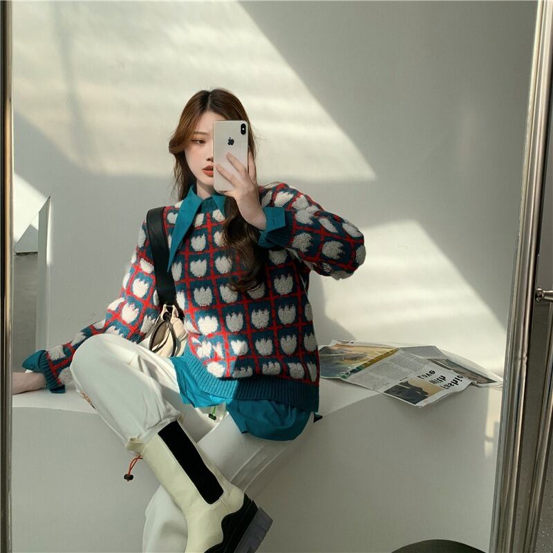 セーター オータムウィンタースタンダードスタイルカラーニットトップス レトロ 秋物 冬物 ドラファッションホール10362799175