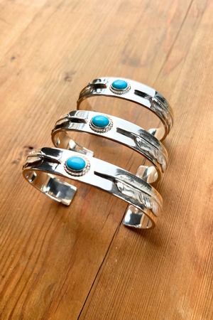 銀縄ターコイズ付フェザー平打ブレス