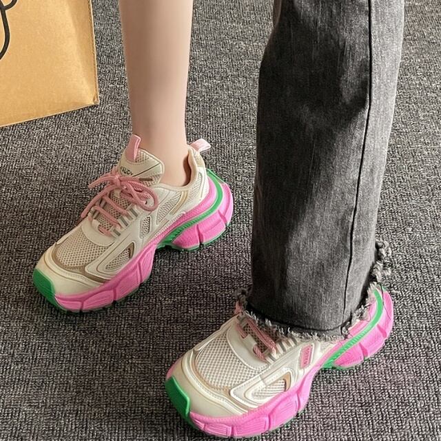 【予約販売】スニーカー 韓国 レディース ダッドシューズ ゴツ底 メッシュ 厚底 高身長 上げ底 靴 ピンク ブラック デザイン お洒落 カジュアル ストリート ダンス 22.5cm/23cm/23.5cm/24cm/24.5cm/25cm