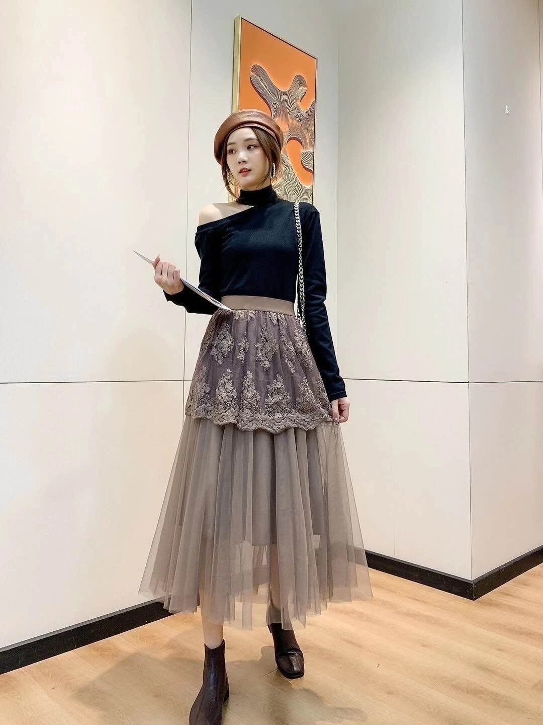 レース×チュール ティアードスカート AJ11394-1681　