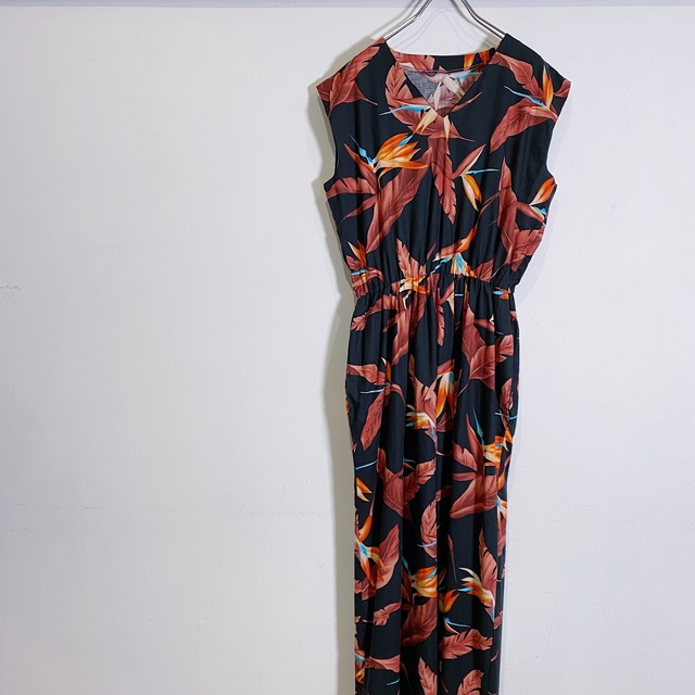 70s navy flower sleeveless long dress LEMON