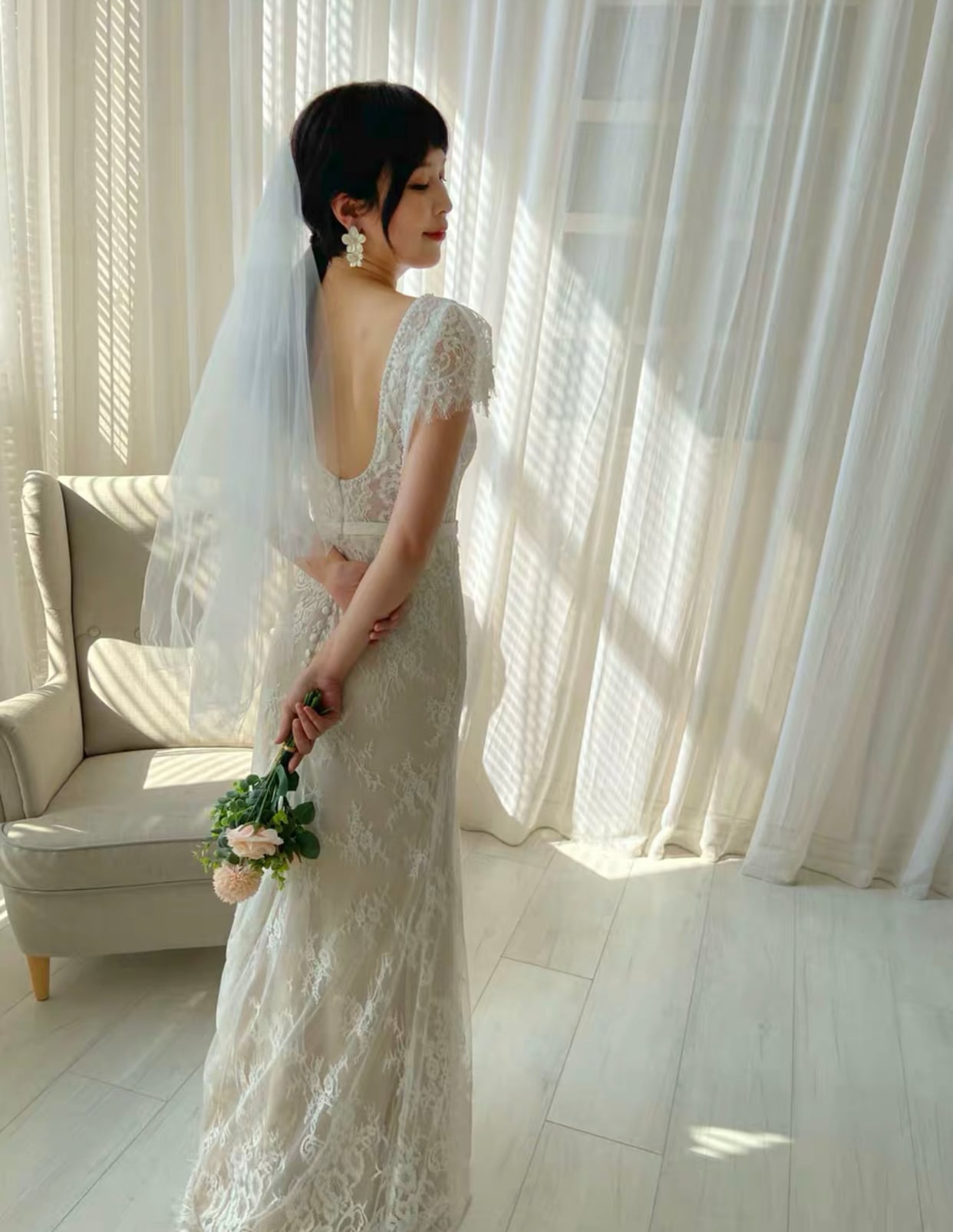 総レース マーメイドライン ウェディングドレス 半袖 | MINLADY BRIDE