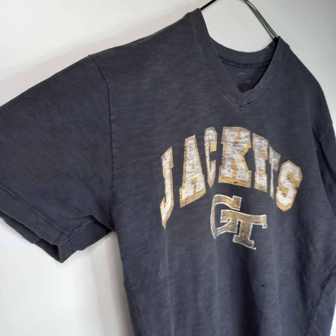 47　Vネック　プリントTシャツ　半袖　グレー　FREE SIZE