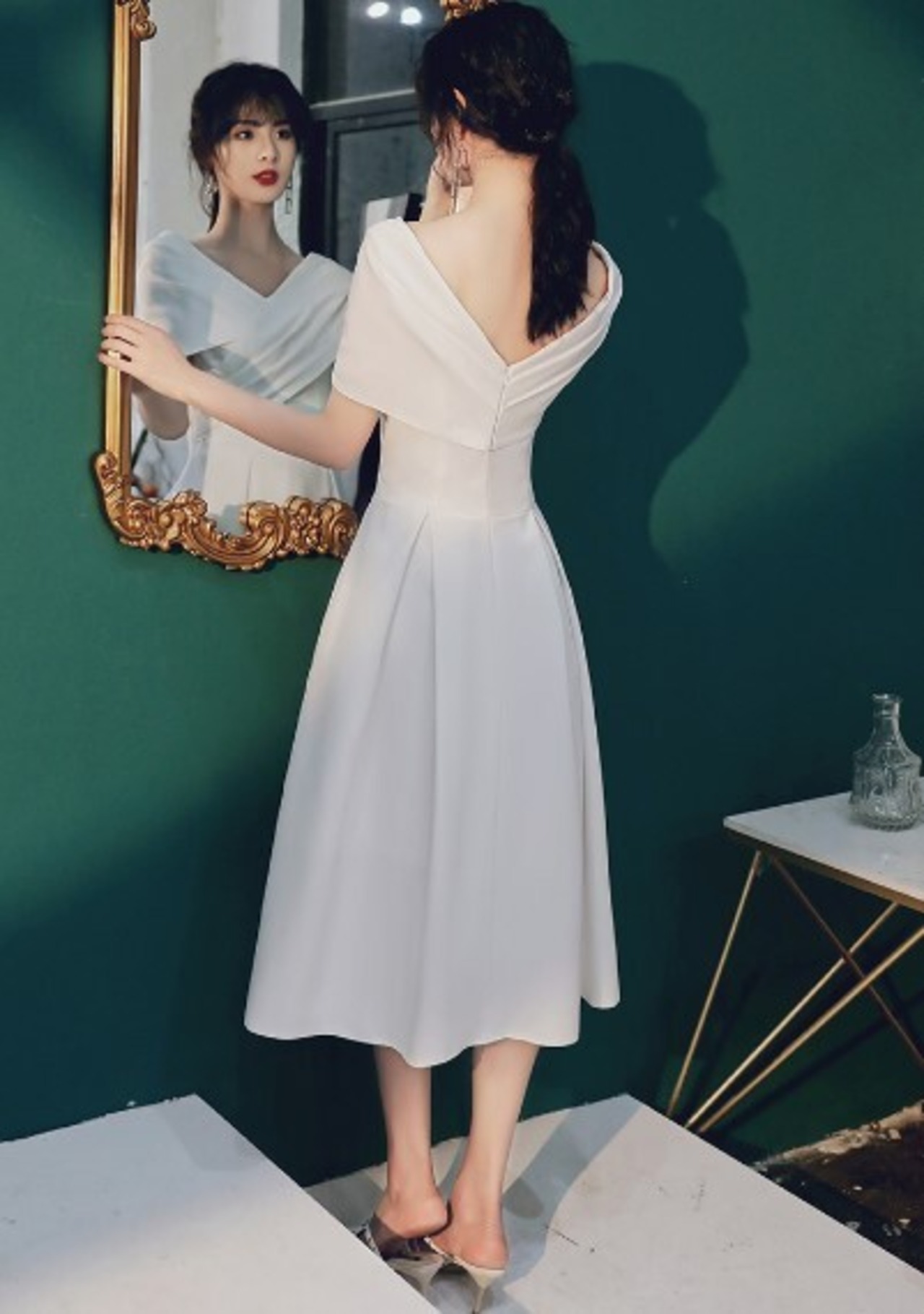 エレガント パーティードレス ミモレ丈 オフショルダー ホワイト  