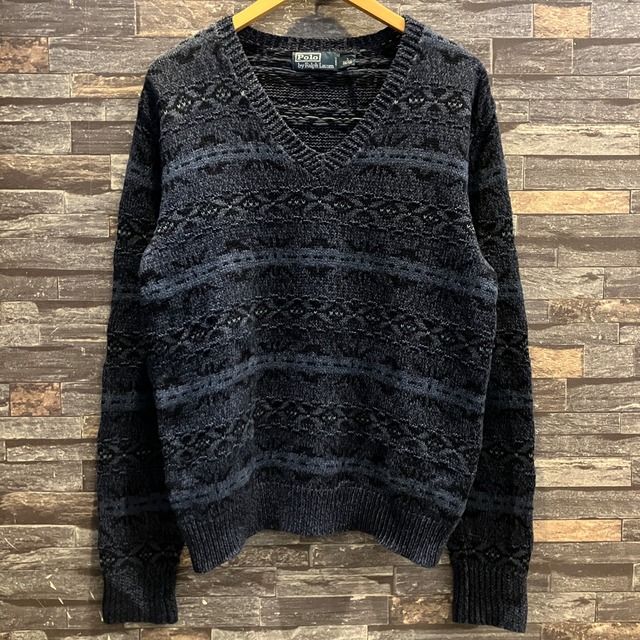 RALPH LAUREN INDIGO JACQUARD V–NECK SWEATER