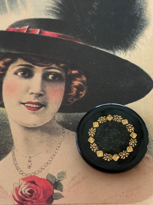 25mm Japanese Vintage ボタン ブラック×ゴールド グリッター レトロ アクセサリーパーツ 装飾材 カルトナージュ