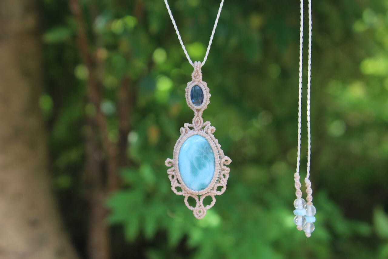 Larimar & Kyanite micro macrame pendant