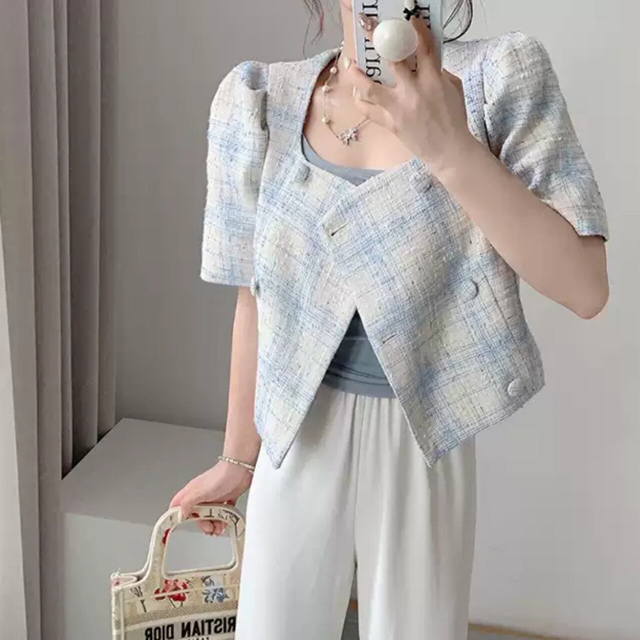 スクエアネック ブルーチェック ショートジャケット