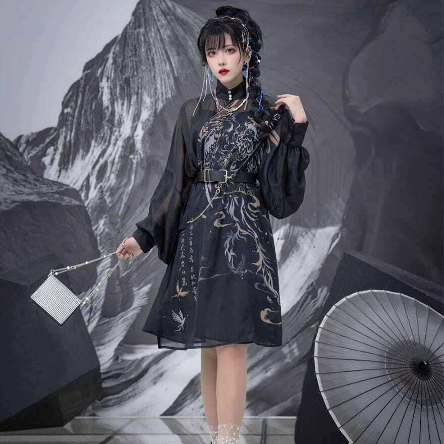 中華 ワンピース プリント柄 シフォン 透け感 漢字 プリント柄 夏服 卿
