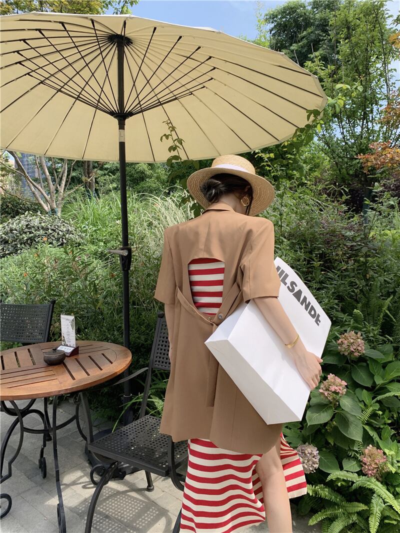 ストライプドレス ウェスト薄手レッドスカート サマー 夏物 ヨーロピアン ブラックストロベリース38111102646