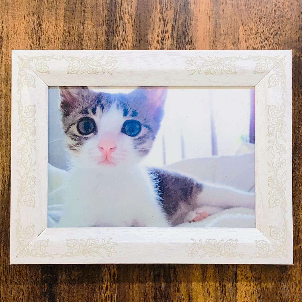 デザイン フォトフレーム 花とツタ柄 ホワイト L判写真サイズ 額縁のみ販売 横12 7 X 縦8 9センチ Cm 文字 名入れ レイアウト お好み変更 無料対応 額縁 額 写真立て 猫 ねこ ネコ オリジナル Aigerrypf04l Shop The Cat Who