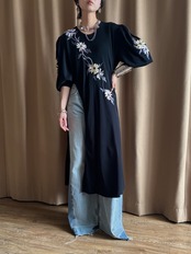 floral embroidery black slit dress-5211-4