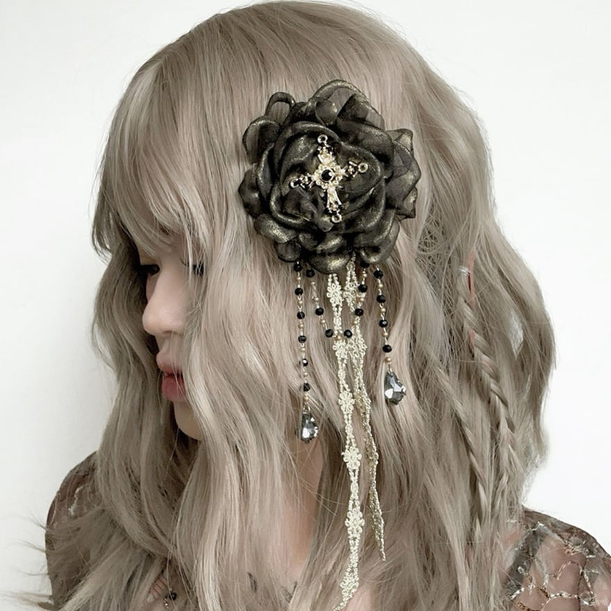 フルオーダーメイド ヘアアクセサリー ライブ 推し活に】 ヘアアクセサリー 薔薇 メタルチェーン ビーズ
