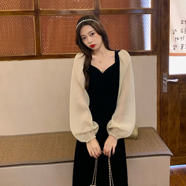 レディース ワンピース ロング ワンピース ドレス 長袖 バブルスリーブ スクエアネック 異素材 ドッキング ロング丈 ハイウエスト スカート ワンピース 春 シンプル エレガント おしゃれ きれいめ お出かけ デート 二次会 女子会 普段着 ブラック 黒 Hf027 Haru Foo