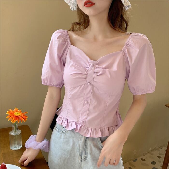 シャツデザインセンスニッチニュー2020夏薄めフレンチレトロVネックパフスリーブトップトレンド 1号婦人62720290263
