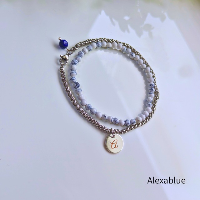Howlite Pulse Chain｜小粒ハウライト × ステンレス 2連ブレスレット｜ラピスラズリ × 選べるイニシャルチャーム