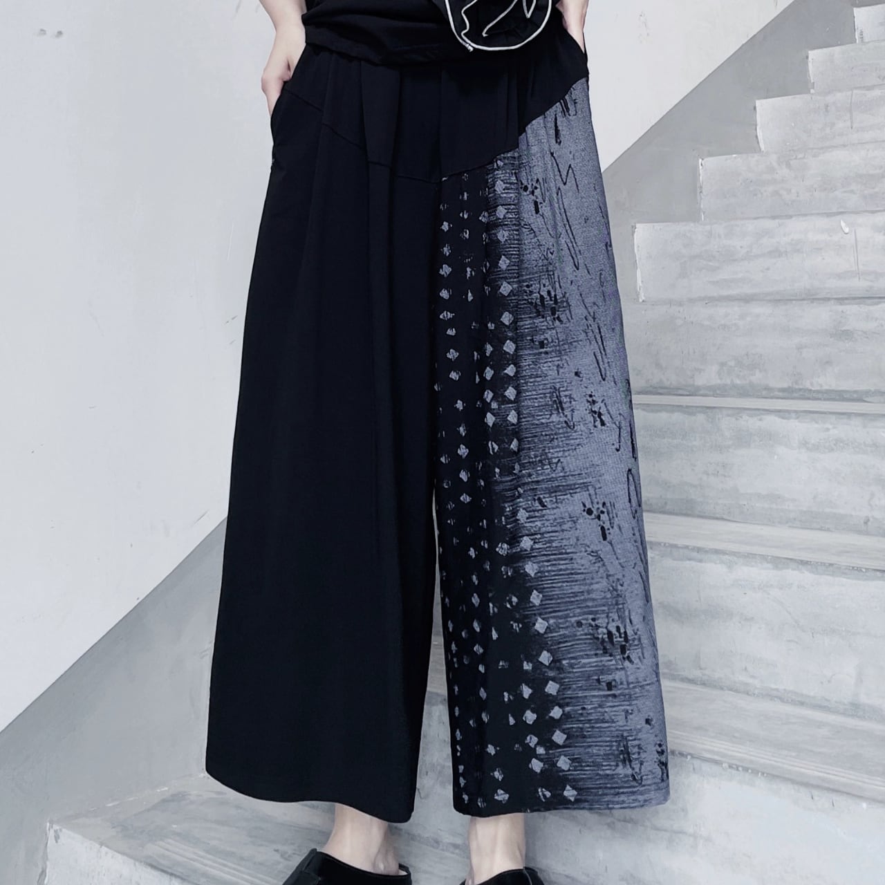 アシンメトリーハイウエストワイドレッグパンツR0068