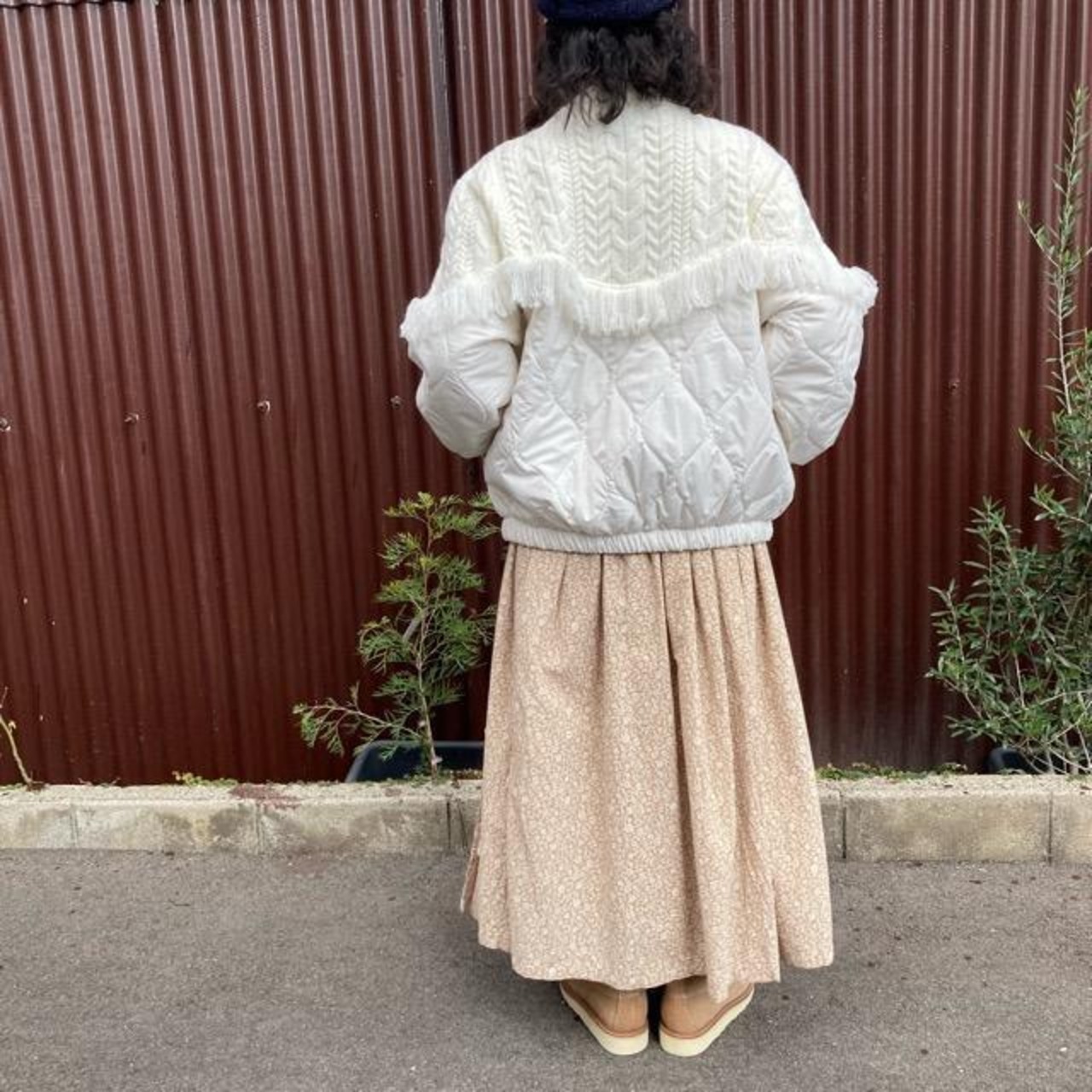 TOPANGA Lady's　キルティング×ニットフリンジジャケット　ホワイト