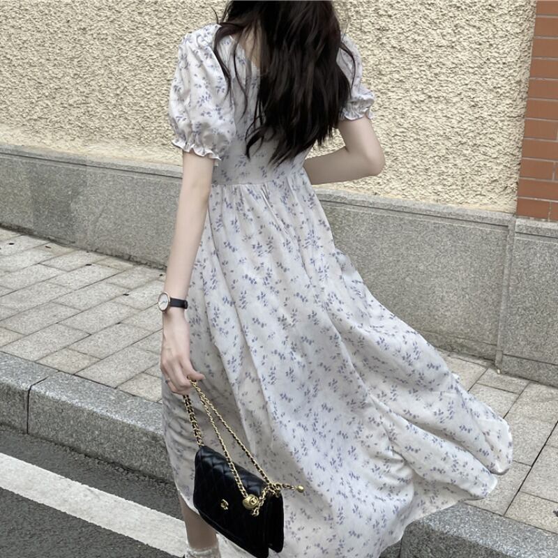 フローラルスカート スリーブドレス ウェストサマースリム 大人ガーリー スウィート キュート カジュアル 夏物 花柄 萌量不足72820556976