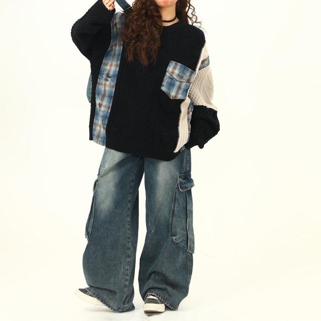 パッチワークケーブルミックススニット 2col   R01297