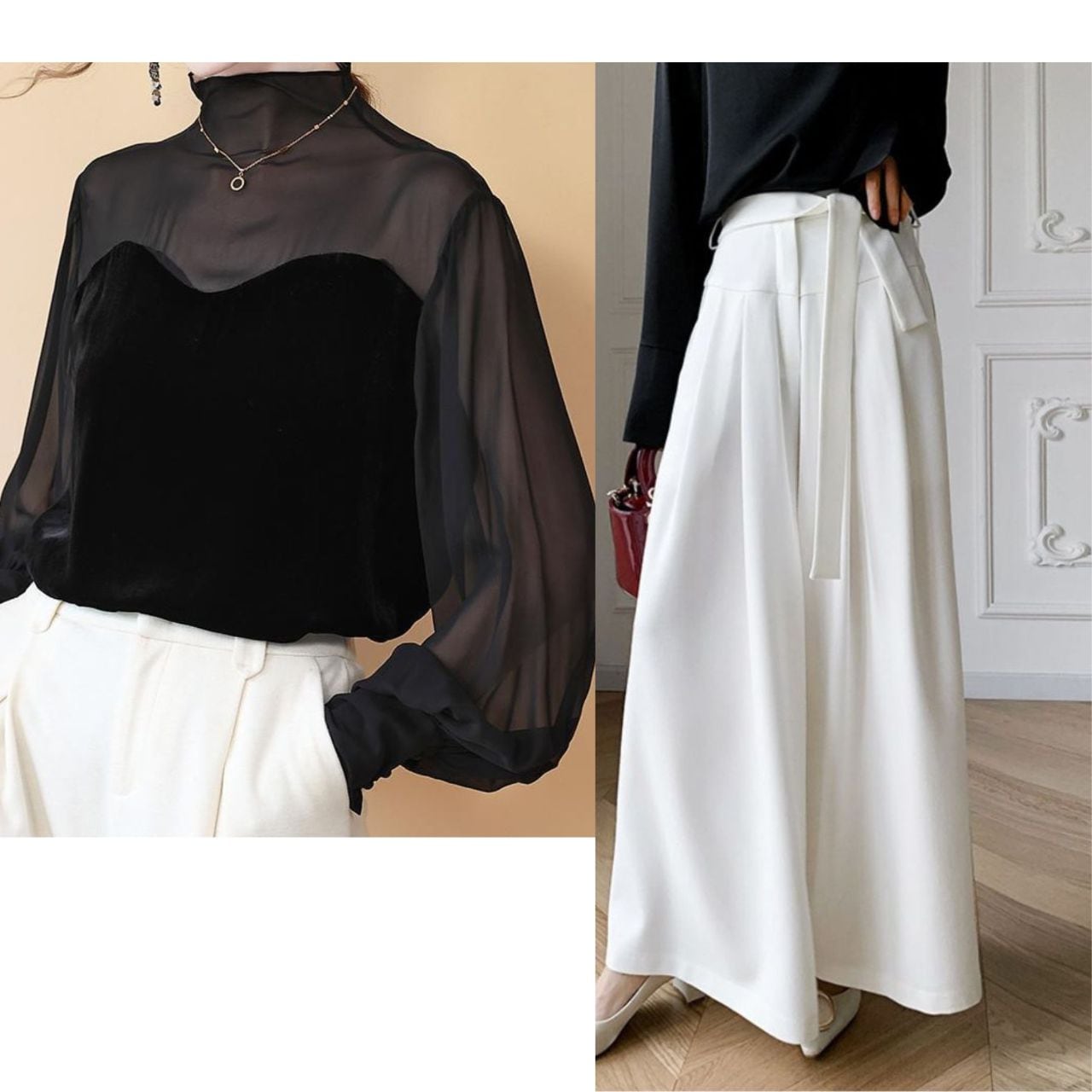 【2set】Sheer High Neck Blouse & Wide Pants L00905