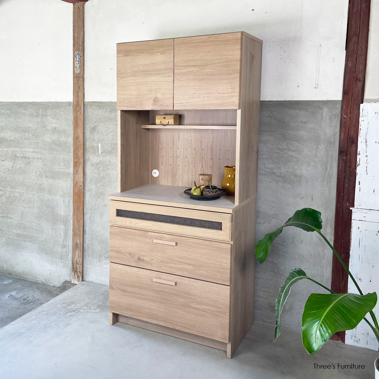 北欧インテリア キッチンボード 食器棚 カップボード キッチン収納 家電収納 棚 オーク材 幅80 BU