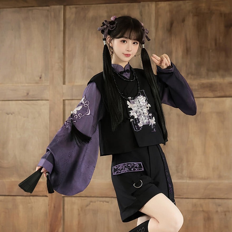 中華ゴシック セットアップ 羽織 ベスト ショートパンツ 黒紫