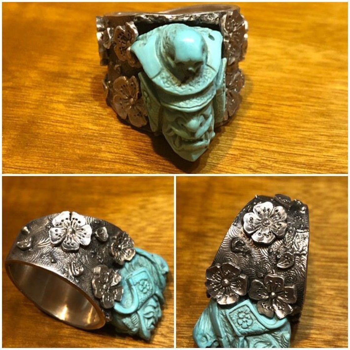 一点物細工 ☆CARVEX☆手彫り スカル リング 侍と落桜 23号 彫刻名人 
