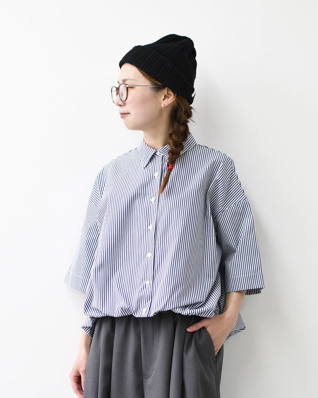 mizuiro ind [ミズイロインド] stripe half slv ballon shirt [2