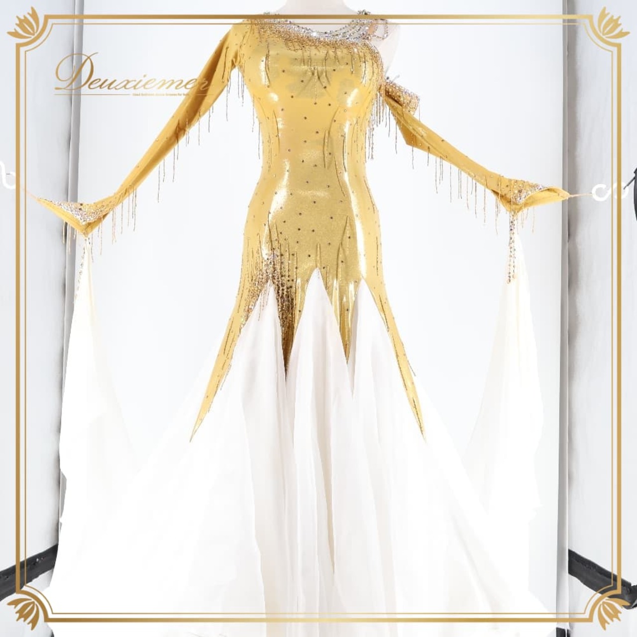 社交ダンス 衣装 クリスアン CHRISANNE イングランド製 スタンダードドレス ワンピース ドレス ホワイト系 ゴールド系 白 金 デモ 競技 ダンス パーティ 発表会 レース フロート レディース ゴージャス 大人かわいい エレガント