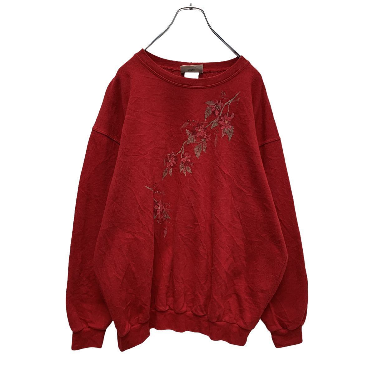 スウェット トレーナー レディース L レッド 花柄 プリント 裏起毛